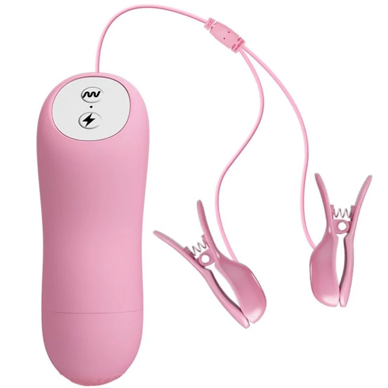 Romantic Wave - Vibrating Nipple Clamps With Electro Stimulation - Pink
