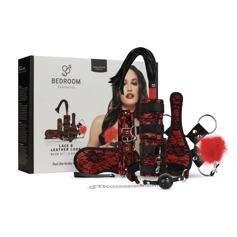Bedroom Fantasies - Lace And Leather Look - Σετ Bondage με Δαντέλα και Δερματίνη - Κόκκινο