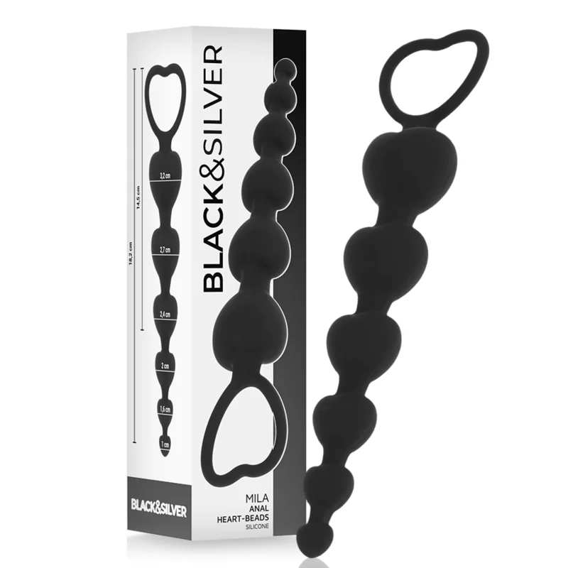 Mila - Silicone Anal Bead Chain With Heart-shaped Gradations - 16 Cm - Black&silver