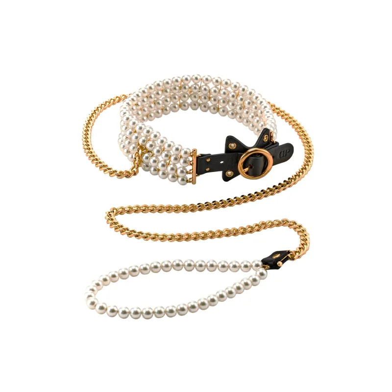 Luminous Pearl Leash & Collar - Pearl Leash And Adjustable Vegan Leather Collar Set - Guilty Pleasure Accessories & Adornments