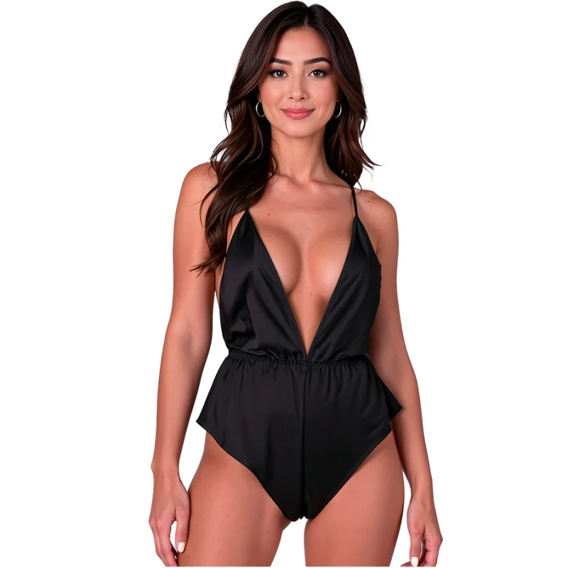 Sensie - Satin-effect Bodysuit With Deep V-neck & Open Back - Black - L/xl
