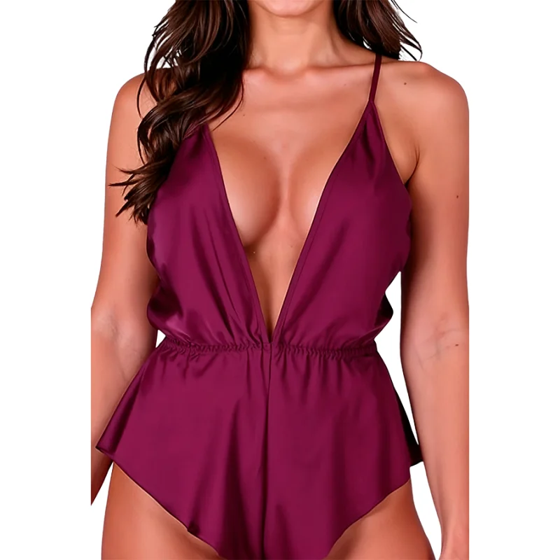 Sensie - Satin-effect Bodysuit With Deep V-neck & Open Back - Plum - S/m