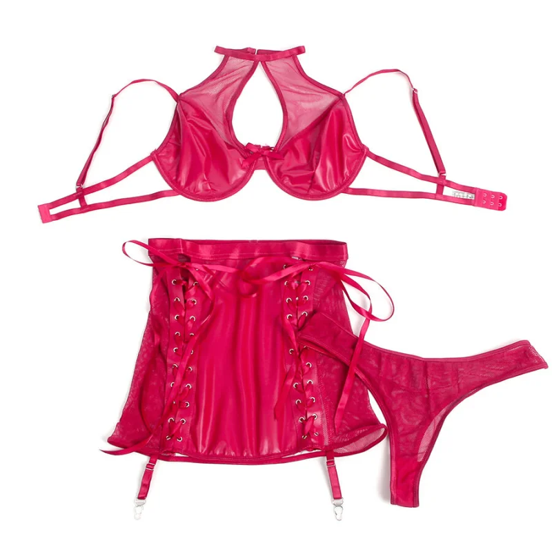 Σετ Bralette & Mini Φούστα με Wet Look & Δίχτυ - S/m - Κόκκινο product.details.thumbnail 4